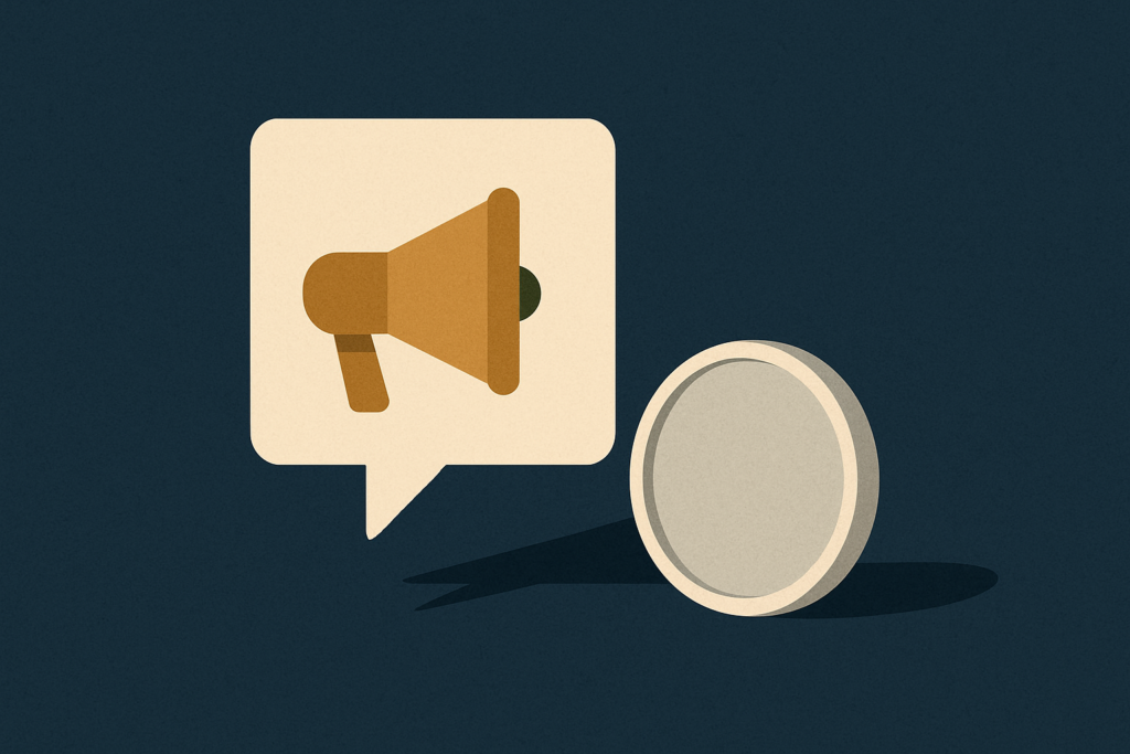 Illustration: a silver coin beside a small megaphone, suggesting hype around a celebrity comment