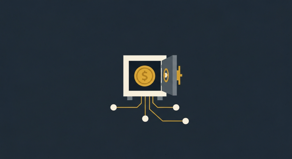Illustration: a gold coin in a vault linked to three nodes