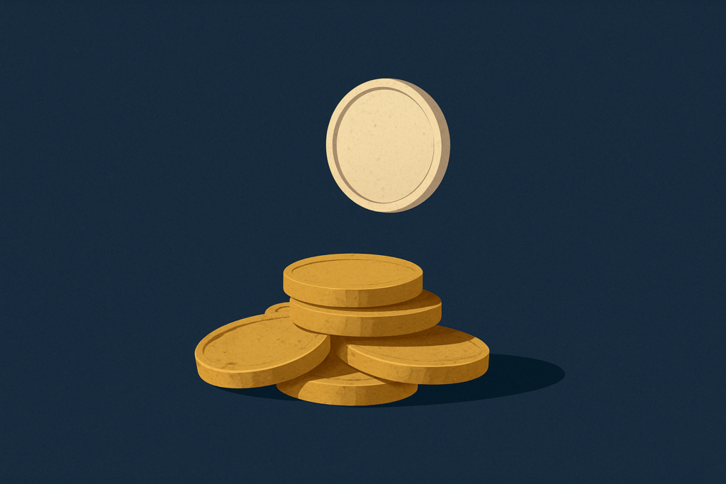 Illustration: a small pile of worn old coins with one modest silver coin highlighted