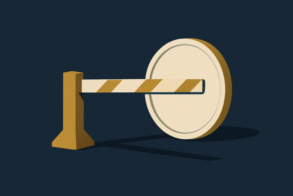 Illustration: a silver coin behind a lowered barrier gate, trading halted