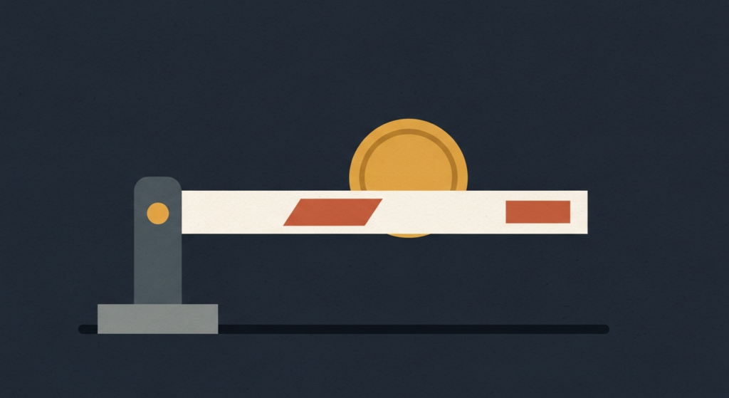 Illustration: a gold coin held back behind a raised barrier