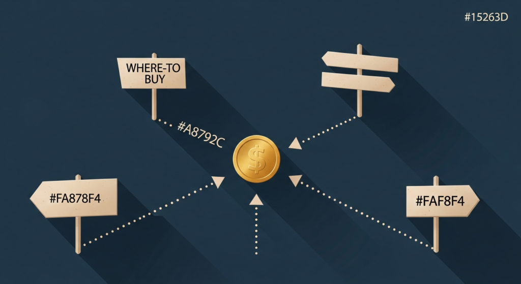 Illustration: a single gold coin at the center of several diverging signposts pointing down different paths