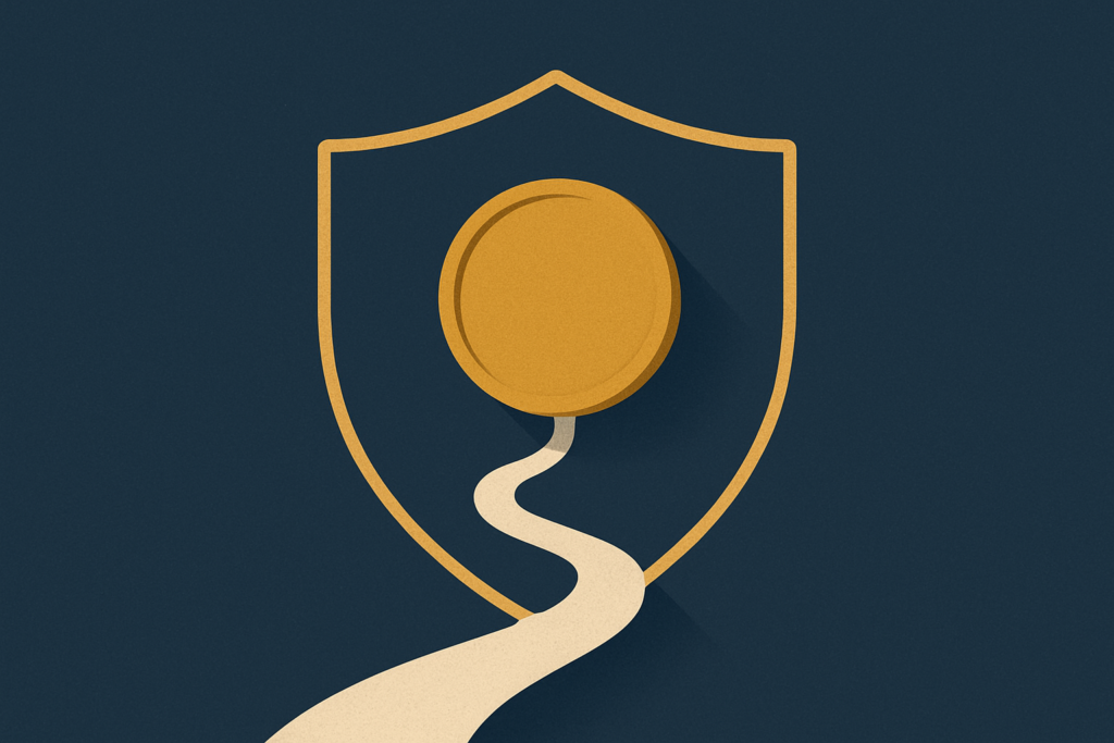 Illustration: a gold coin set inside a simple shield marking a safe route on a navy field
