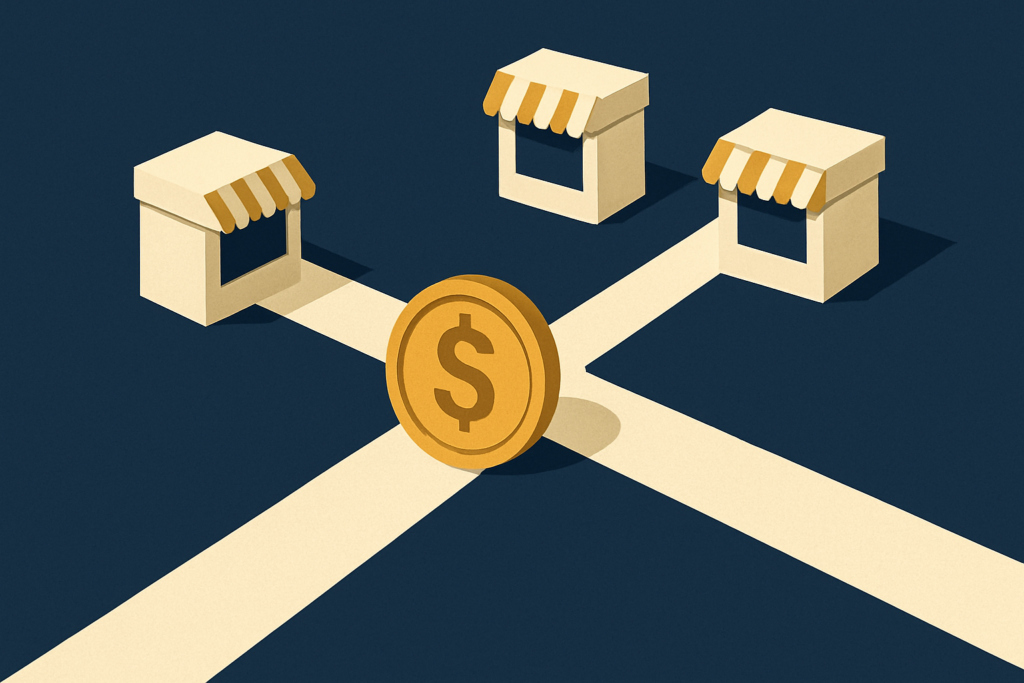 Illustration: a single gold coin at a crossroads of small storefront counters