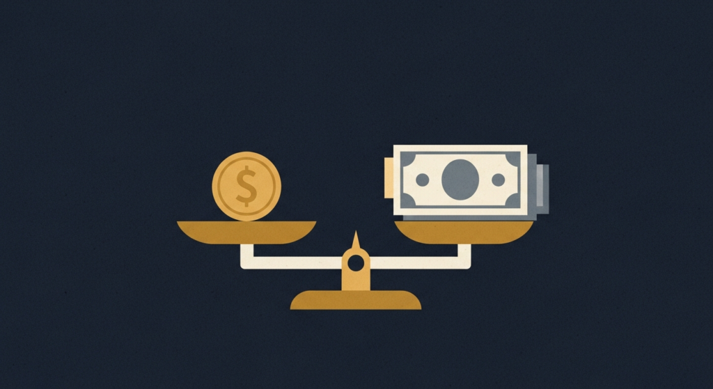 Illustration: a gold coin on a scale opposite a small stack of cash