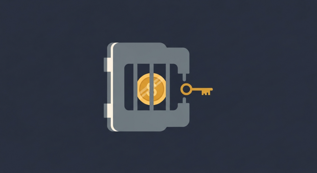 Illustration: a gold coin behind a vault door, key outside