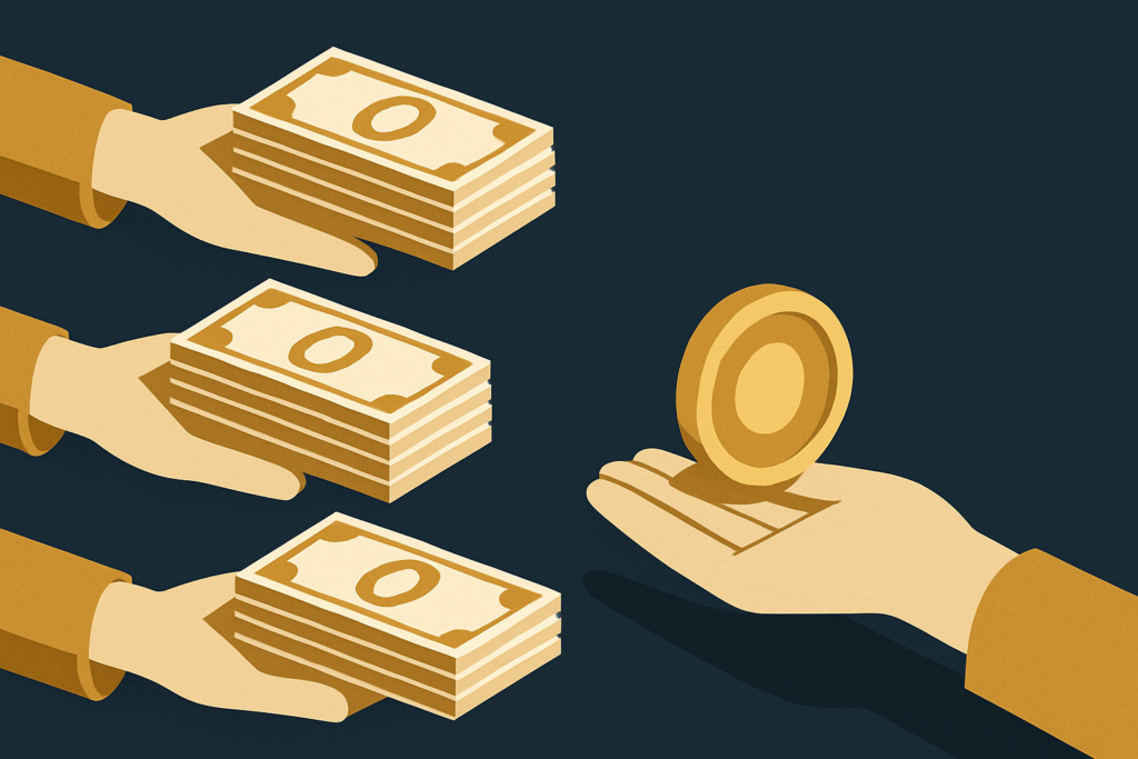 Illustration: several hands offering different cash stacks for one gold coin