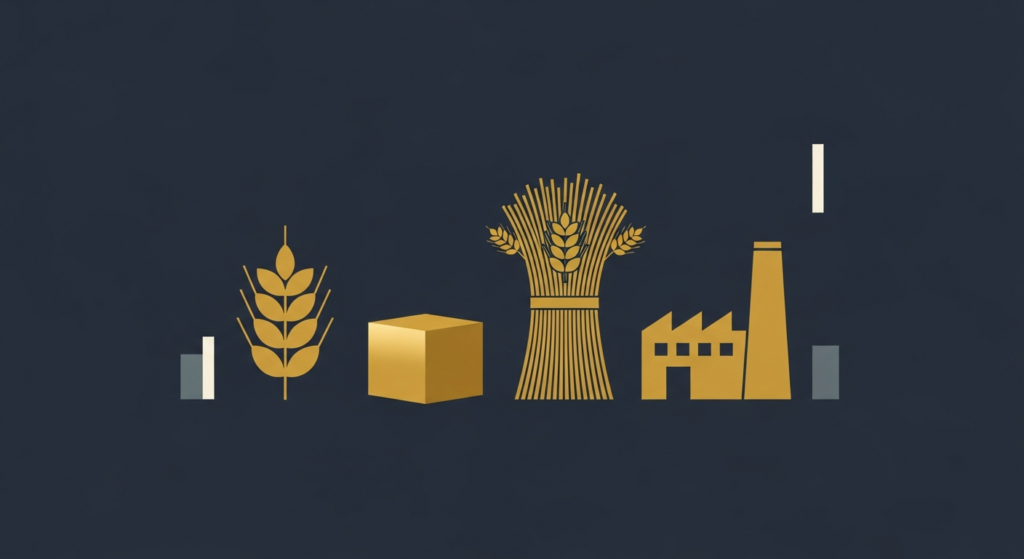 Illustration: an inert gold cube beside a small farm and factory