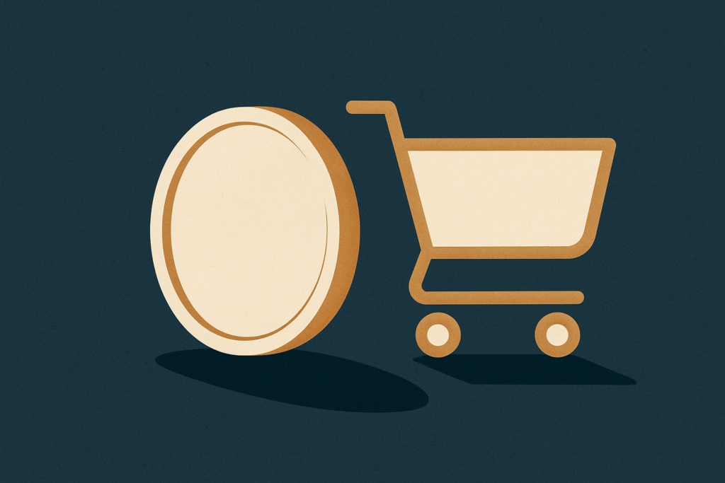 Illustration: a silver coin beside a small shopping cart on a navy field