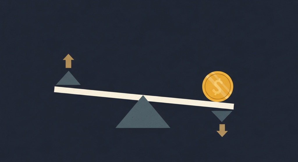Illustration: a gold coin balanced on a seesaw between up and down arrows