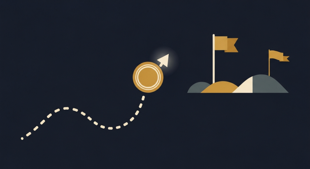Illustration: a gold coin ascending a dotted path toward a distant flag