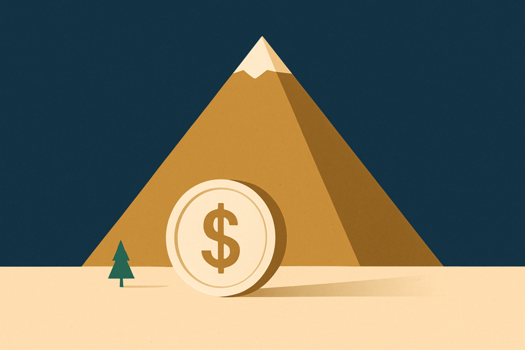 Illustration: a single silver coin resting at the foot of a tall, distant mountain summit on a navy field